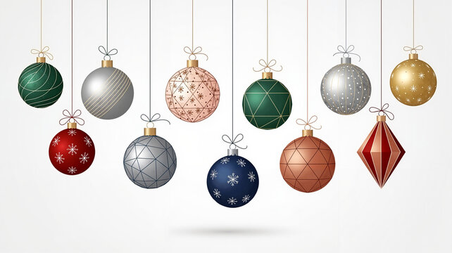 Christmas ornaments hanging in various designs and colors  