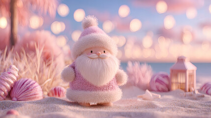 Soft Plush Pink Santa with Lantern on Cozy Christmas Beach