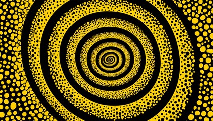 Hypnotic abstract artwork featuring concentric circles and vibrant yellow and blue dot patterns creating a mesmerizing visual experience