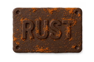 Metal placa with the word rust embossed, featuring heavy corrosion and grunge texture, symbolizing decay and damage