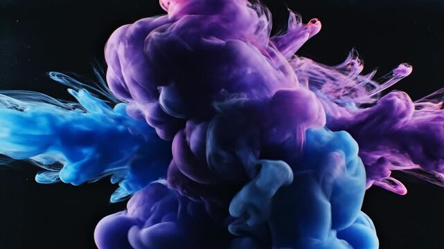 Abstract stream of thick, swirling blue and purple liquid smoke mixing beautifully against a jet black void background energy, science, background