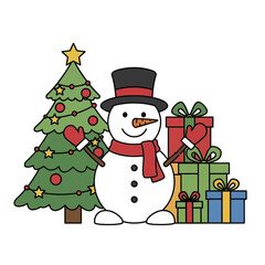Happy Snowman with Christmas Tree and Gifts.