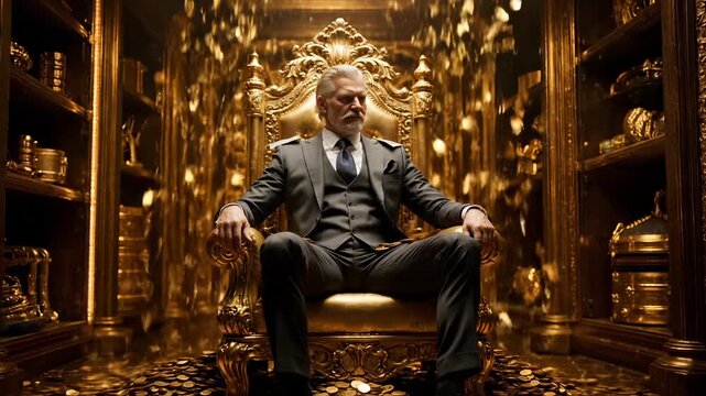 Billionaire man sits on golden throne. He wears suit and exudes power. Money and coin fall around him. Gold treasure fills room and suggests luxury. Scene evokes wealth and king status. Regal mood.