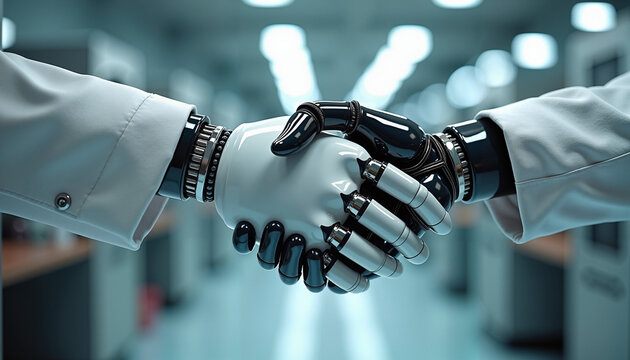 Robot and human handshaking in modern laboratory setting symbolizing cooperation and technology