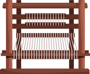 Traditional wooden hand loom weaving machine with white threads, used for creating textiles