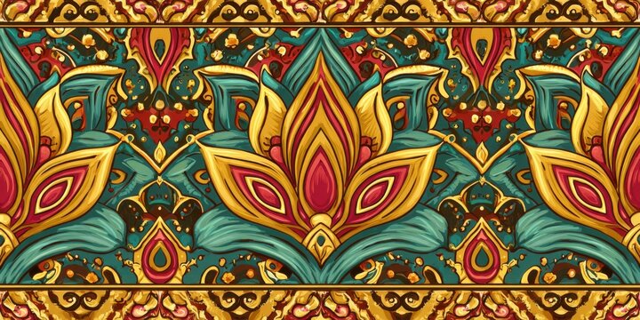 Traditional Indian seamless pattern with intricate floral and geometric motifs in saffron, red, green, and gold tones, highly detailed and elegant, perfect for textiles, wallpapers, and decorative des