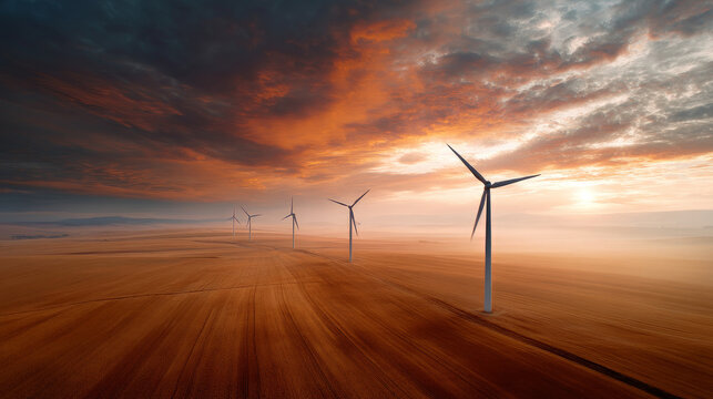 Several wind turbines silhouetted against a bright sunset sky. The turbines rise against a backdrop of orange, purple and red clouds. - Powered by Adobe