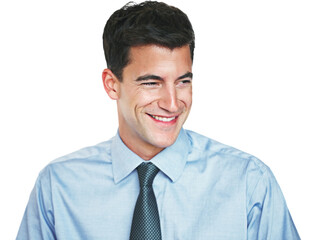 Laughing, smile and business man in studio for financial advisor bonus, joke and comedy. Happiness, humor and meme reaction with person on white background for pride, opportunity and confidence