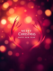 Elegant Glowing Reindeer Antlers Silhouette on Deep Red and Gold Bokeh Background for Christmas Greeting