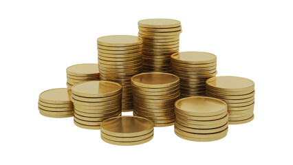 Golden coins stacked high representing wealth and financial success, a symbol of prosperity, investment, and savings for a secure future isolated on white or transparent PNG.