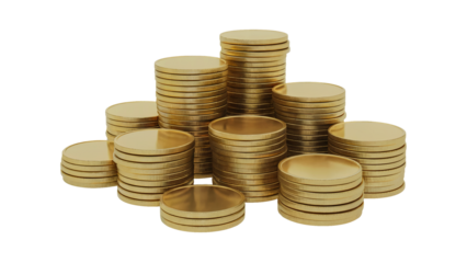 Golden coins stacked high representing wealth and financial success, a symbol of prosperity, investment, and savings for a secure future isolated on white or transparent PNG.