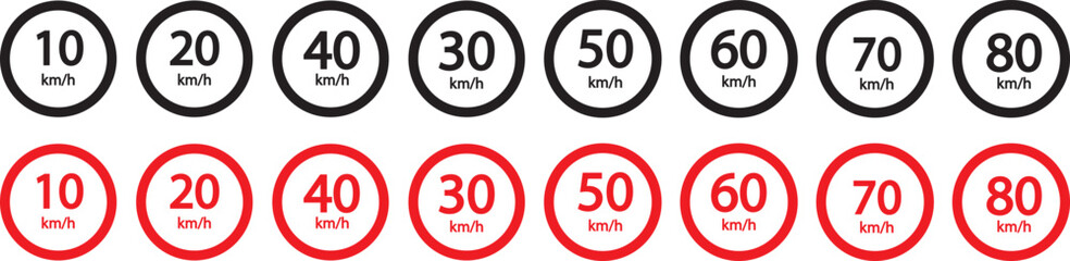 Speed limit sign 10, 20, 30, 40, 50, 60, 70, 80, 90, 100, 110, 120, 130, 140, 150, 160 km h icon. Road signs with speed limit warnings. printable traffic signs and symbols. Speed limit road sign icon 