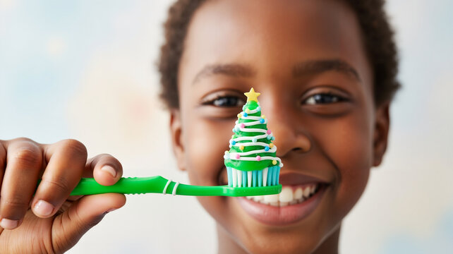 Smiling black boy holding toothbrush with Christmas tree decoration   - Powered by Adobe