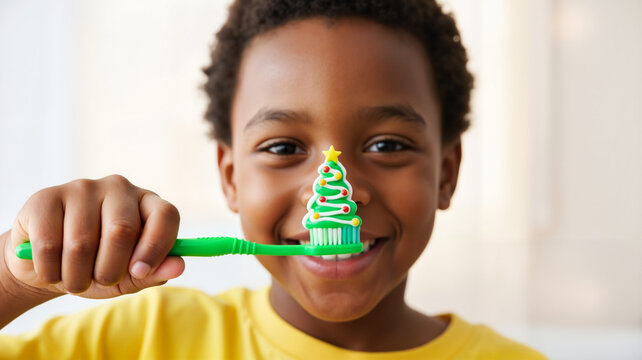 Young boy smiling while brushing teeth with Christmas-themed toothbrush - Powered by Adobe