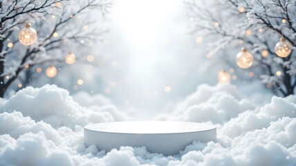 Snow scene, platform surrounded by fluffy clouds and bare trees in winter