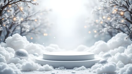 Snow scene, platform surrounded by fluffy clouds and bare trees in winter