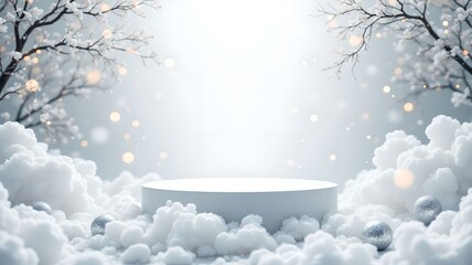 Snow scene, platform surrounded by fluffy clouds and bare trees in winter