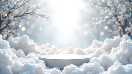 Snow scene, platform surrounded by fluffy clouds and bare trees in winter