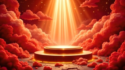 The podium, the stage behind the red clouds, illuminates the sky with bright lights at dusk.