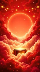 The podium, the stage behind the red clouds, illuminates the sky with bright lights at dusk.