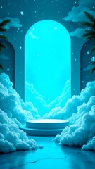 Podium, stage, against the background of clouds in blue space