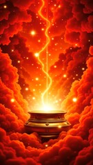 The podium, the stage behind the red clouds, illuminates the sky with bright lights at dusk.