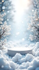 Snow scene, platform surrounded by fluffy clouds and bare trees in winter