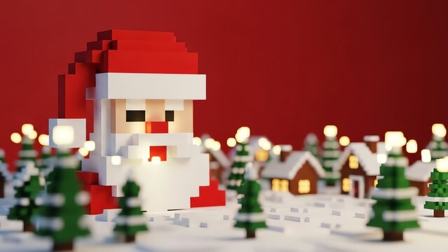 Pixel art Santa Claus with winter village scene