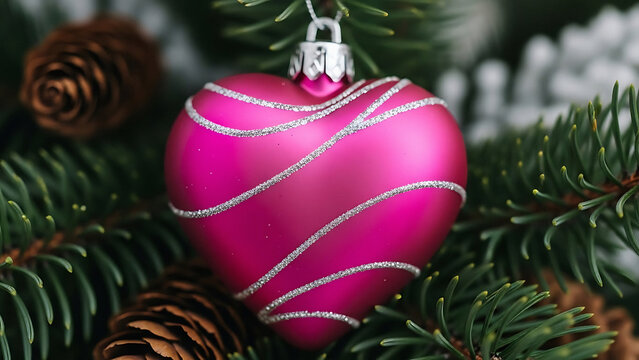 A close up of a pink heart shaped christmas ornament hanging on a christmas tree with pine cones