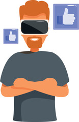 Man wearing vr headset is smiling and enjoying virtual reality experience, with thumbs up symbols indicating positive feedback