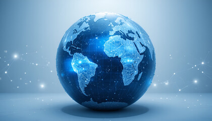 Futuristic world globe with glowing network connections for global technology, business, and communications concepts, representing interconnectedness and innovation