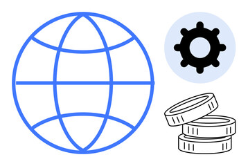 Global business, technological innovation, financial systems, worldwide economy, data exchange, e-commerce. Globe, gear and coins simplified with clean lines. Financial systems and worldwide economy