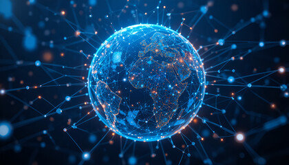 Connected world globe with digital network for global business technology, modern communications infrastructure, and international data connections concept