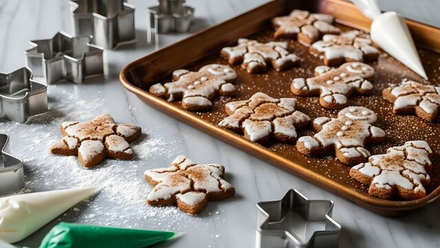 Freshly baked gingerbread cookies decorated with white icing, surrounded by cookie cutters and piping bags on a festive baking surface.