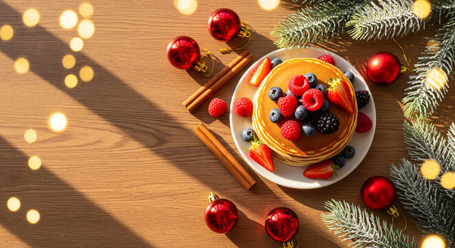 Plate of festive christmas pancakes topped with fresh berries, maple syrup, pine sprig, and a golden star decoration - Powered by Adobe