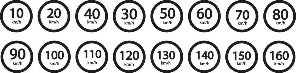 Speed limit sign 10, 20, 30, 40, 50, 60, 70, 80, 90, 100, 110, 120, 130, 140, 150, 160 km h icon. Road signs with speed limit warnings. printable traffic signs and symbols. Speed limit road sign icon 