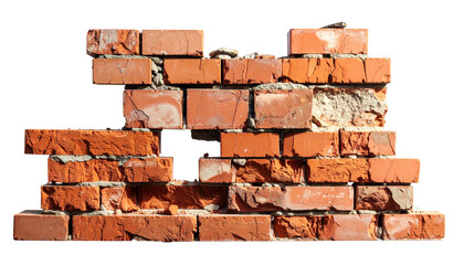 Fragmented Red Brick Wall with Visible Texture and Weathering on a Transparent Background