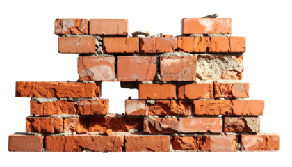 Fragmented Red Brick Wall with Visible Texture and Weathering on a Transparent Background