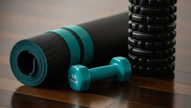 Still life of rolled yoga mat dumbbell and foam roller on a wooden floor for exercise equipment