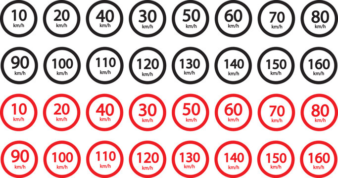 Speed limit sign 10, 20, 30, 40, 50, 60, 70, 80, 90, 100, 110, 120, 130, 140, 150, 160 km h icon. Road signs with speed limit warnings. printable traffic signs and symbols. Speed limit road sign icon 