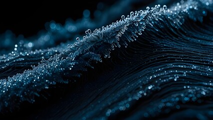 Cold frost shimmer waves spreading gently across deep blue-black winter abstract background