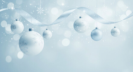 Blue Christmas balls with snowflakes hang in snowy winter scene. Glowing bokeh lights shine behind frozen cyan ornaments.
