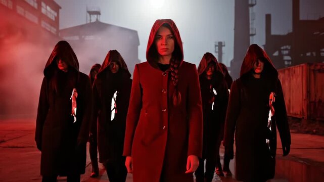 Woman leader marches with hooded group. Central woman walks forward among hooded figures. Red smoke fills industrial factory. Group exudes mystery and power. Urban dystopia concept. Tense urban vibe.