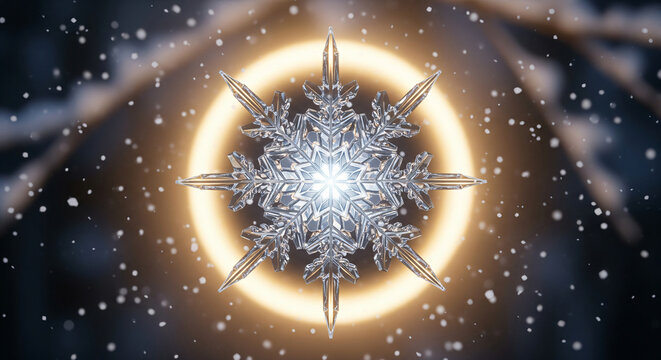 Glowing neon christmas snowflake hovering in black void with soft reflections and a clean minimal futuristic glow