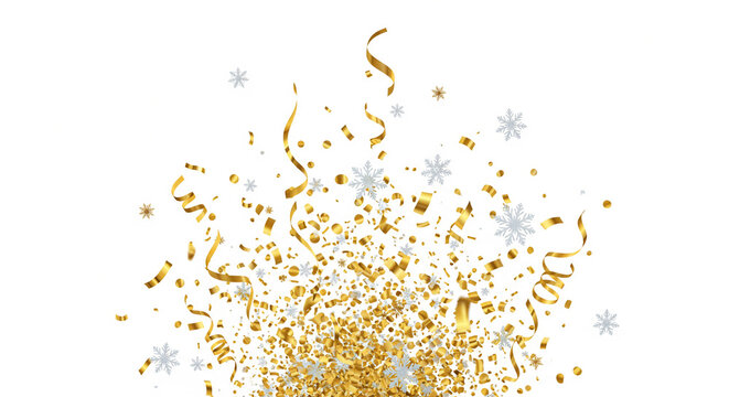 Elegant gold ribbon floating with confetti in a soft, warm-toned room