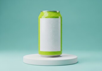 Green beverage can with blank white label on round display podium against aqua background
