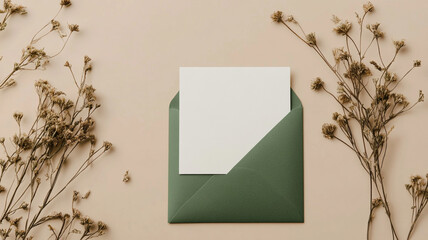 Blank white card in a green envelope, elegantly framed by dried wild flowers on a soft beige background.