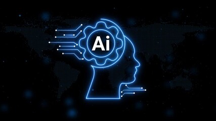 Artificial intelligence concept with glowing blue head outline and circuit board elements on a world map background - Powered by Adobe