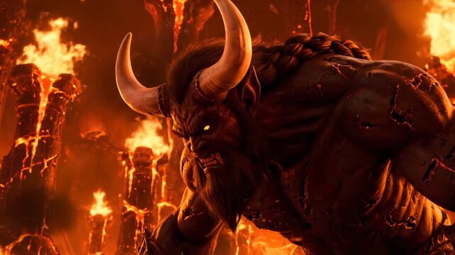 Beast rises from fiery inferno. Demon bares massive horn and muscle. Lava and fire surround creature amid flames. Hell landscape glows with molten ruin. Menacing gaze inspires dread in viewer now.