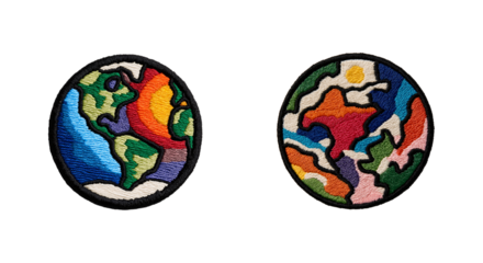 Pair of different Embroidered Earth Patches Colorful and Abstract Global Design on transparent background